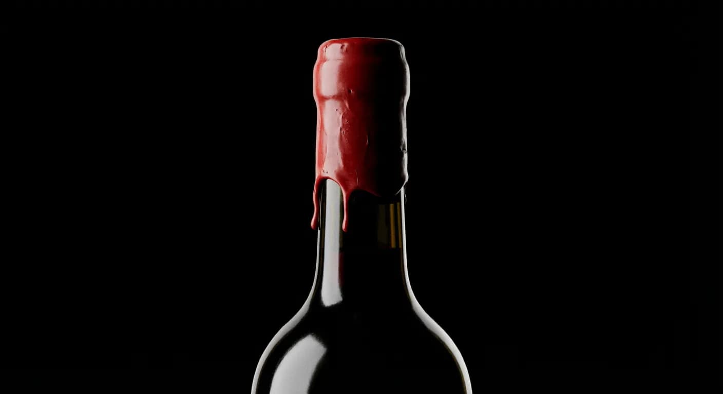 Investir dans du vin : Guide, rentabilité et fiscalité Gros plan iconique d'un goulot de bouteille de grand cru avec sceau de cire sur fond noir.