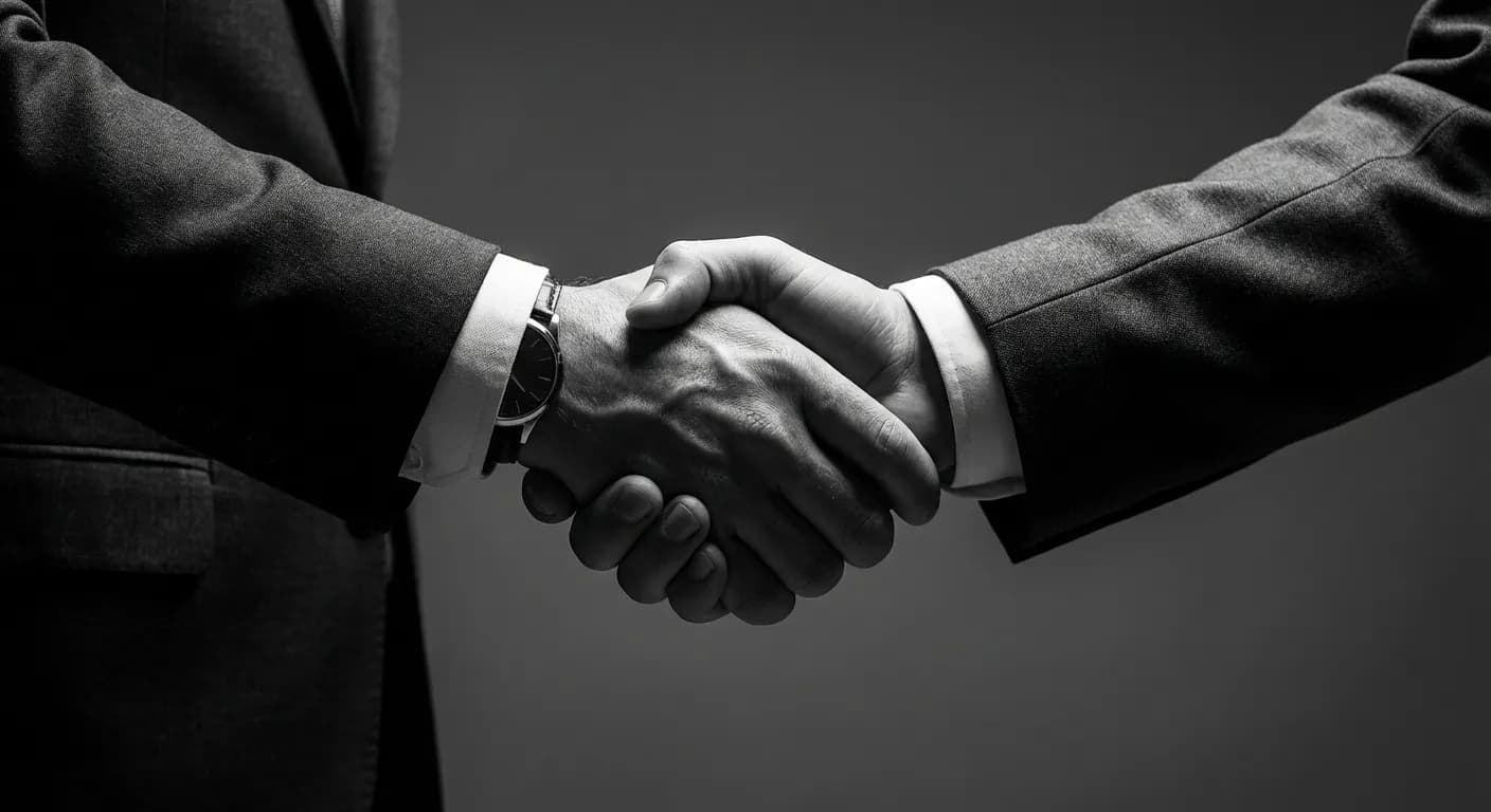 Définition intuitu personae : guide juridique complet Gros plan iconique d'une poignée de main symbolisant le contrat intuitu personae.