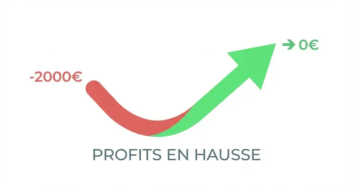 Comment remonter un découvert de 2000 euros : Guide 2026 - Découvert de 2000€ : 3 étapes pour s'en sortir vite - Comment combler un découvert de 2000€ ? Plan d'urgence Graphique vectoriel montrant le passage de -2000 euros à l'équilibre financier.