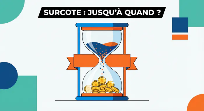 Surcote retraite : pendant combien de temps cotiser ? - Rentabilité surcote : ne travaillez pas plus pour rien ! - Surcote retraite : y a-t-il une durée limite en 2026 ? Infographie d'un sablier transformant le temps en or, illustrant la surcote de retraite.